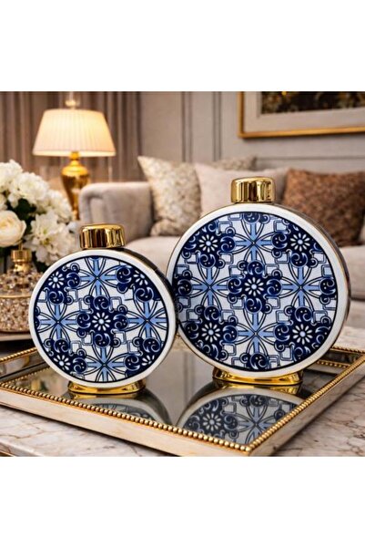 Generic Circular Decorative Vases Set with Blue Geometric Patterns - Two Pieces