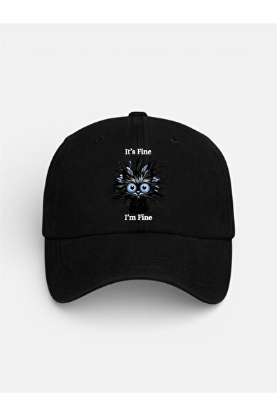 LUCEA “It’s Fine I’m Fine” Desenli Siyah Cırtlı Şapka | Unisex Ayarlanabilir Cap