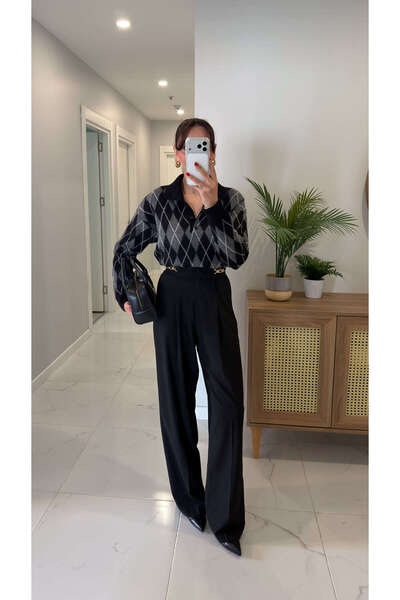 BİRCANÇİL أدرسا بلاك آيرون ديتيلد بنطلون واسع الأرجل