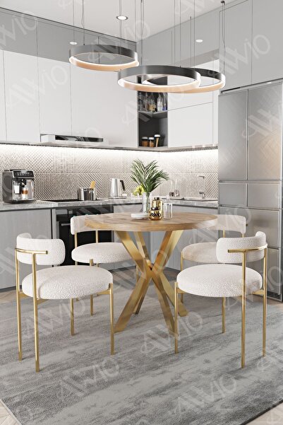 ah assel home LEA MAT GOLD Ayak 4'lü Teddy Sandalye 90X90 Masa Sandalye Takımı