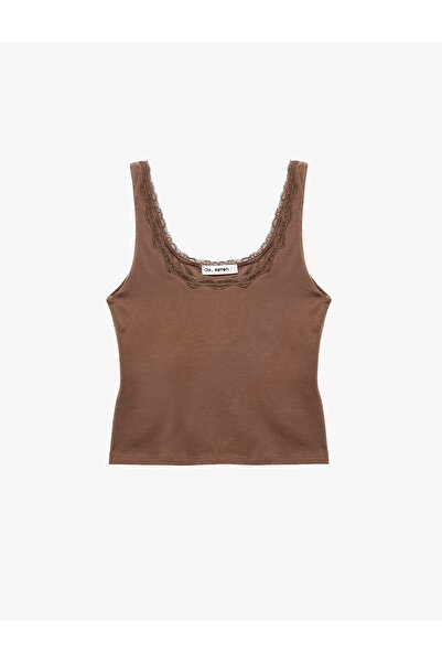 Koton Slim Fit Cotton U-Neck Lace Detail Sleeveless Blouse