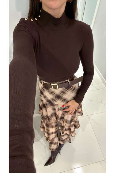 BİRCANÇİL Fendroya Coffee Shoulder Button Detailed Fisherman Blouse