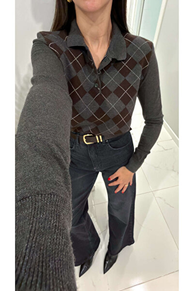 BİRCANÇİL Tricotaj cu guler polo cu model baklava maro antracit MD Astra