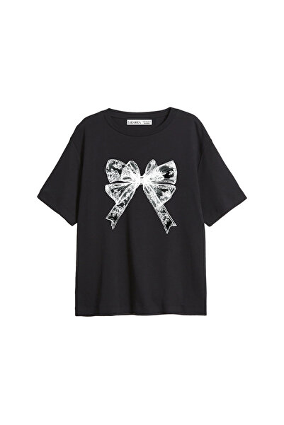 Bak Moda Lace V2 Ribbon με τύπωμα χαλαρή εφαρμογή Μαύρο γυναικείο μπλουζάκι