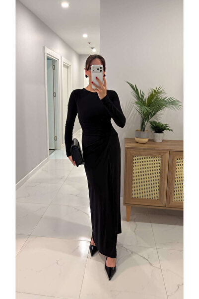 BİRCANÇİL Mokka Black Waist Detailed Dress