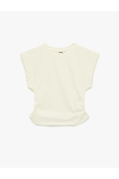 Koton Tricou din bumbac cu mânecă scurtă guler rotund cu detaliu brodat cu perle