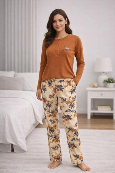 SCM LINGERIE طقم بيجامة نسائية من القطن بأكمام طويلة ونقشة