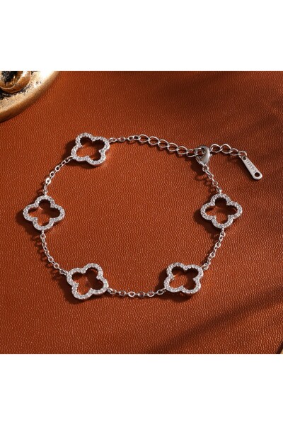 Choice Silver Color Elegant Female Stainless Steel Bracelet With Zircon Four-...
