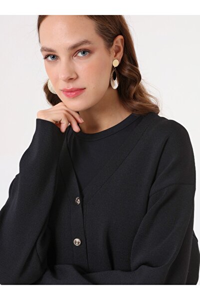 Refka Button Detailed Premium Cardigan & Skirt Knitwear Set - Black -