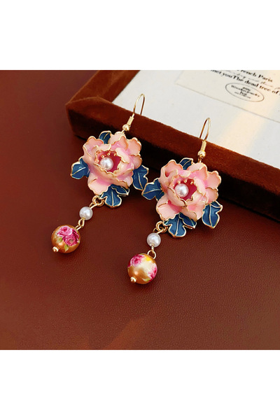 Choice Pearl tassels Vintage Pink Flower Print Drop Earrings Medieval Vintage...