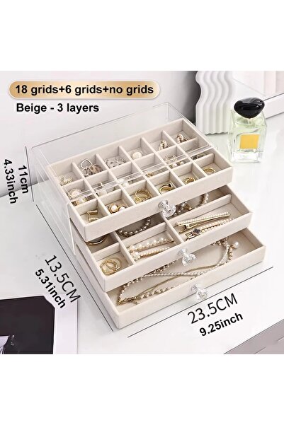 Choice علبة مجوهرات بيج/رمادية اللون، قطعة واحدة، تتسع لثلاث طبقات من الأدراج...