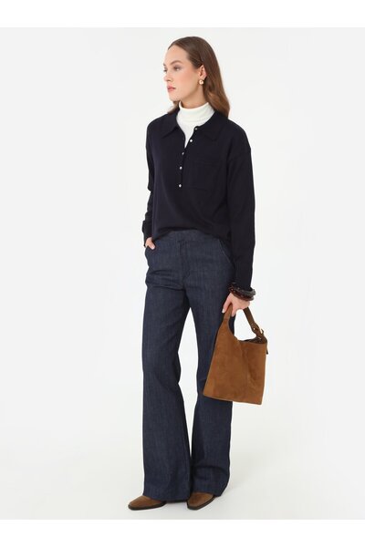 Refka Half Placket Shirt Collar Basic Knitwear Sweater - Navy Blue -