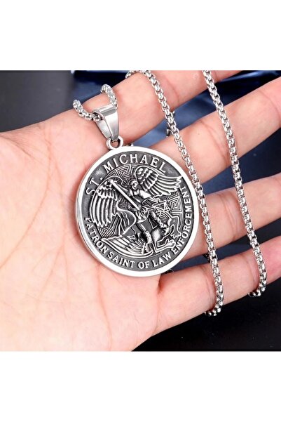 Choice قلادة فضية دائرية على شكل ميدالية رئيس الملائكة القديس ميخائيل، رمز أس...