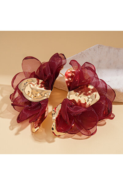 Choice red color Fluffy Chiffon Flower Stud Earrings Women's Exaggerated High...