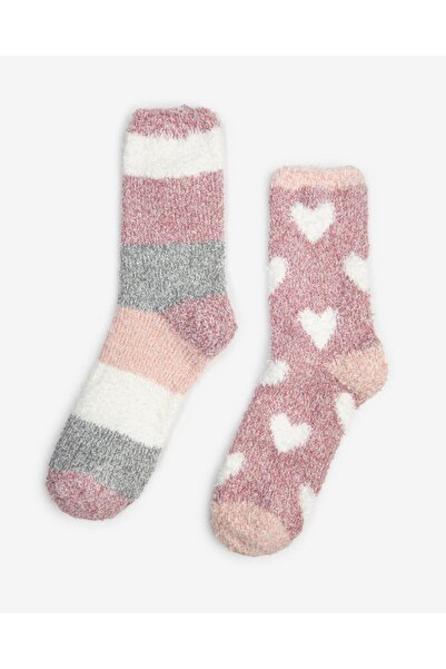 Bolero Women's 2-Piece Winter Home Socks Heart Striped Pink