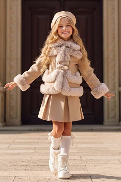 Riccotarz Girl's Cream Coat with Fur Trim and Double Belt Detail Skirt
