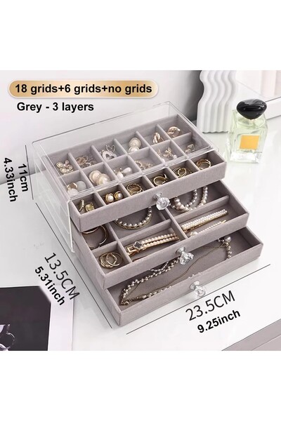 Choice علبة مجوهرات رمادية اللون - قطعة واحدة تتسع لثلاث طبقات من الأدراج الب...