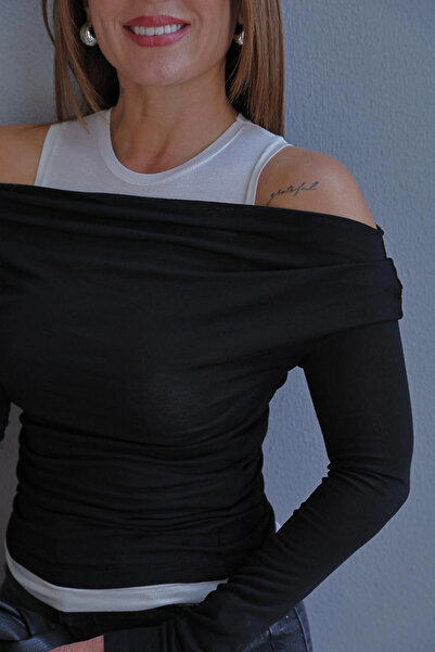 Purple by Banu Black Off-Shoulder Blouse with Built-In Tank Top