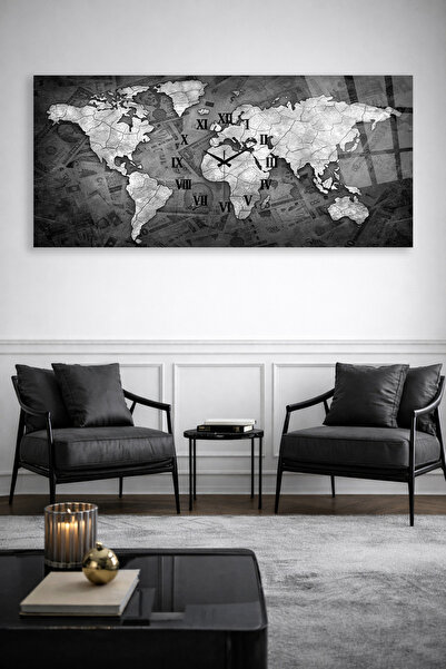 Olinpa KIRILMAZ CAM DUVAR SAATİ , HEM TABLO HEM SAAT SİYAH BEYAZ DÜNYA HARİTA...