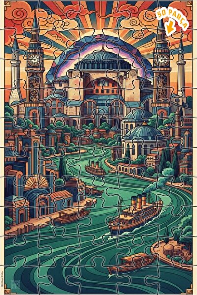 Teona Ahşap İstanbul Manzaralı Yağlı Boya Görünümlü Mozaik Çift katlı Çerçeve...