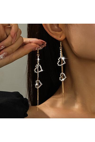 Choice Golden New Korean Heart-Shaped Tassel Earrings, Fashionable Full Diamo...