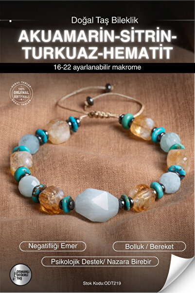 OSMANLI DEĞERLİ TAŞ Certified Aquamarine-Citrine-Turquoise-Hematite Natural S...