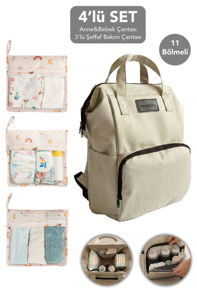 Meleni Baby 4lü Set - Anne Bebek Bölmeli Sırt Çantası ve Şeffaf Pencereli Yen...