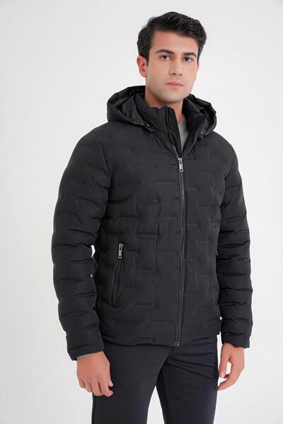 Efor Slim Fit Kapüşonlu Yan Cepli Kaz Tüyü Siyah Şişme Mont MT 177