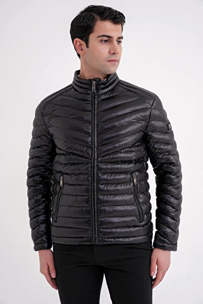 Efor Slim Fit Hakim Yaka Yan Cepli Kaz Tüyü Siyah Şişme Mont MT 176