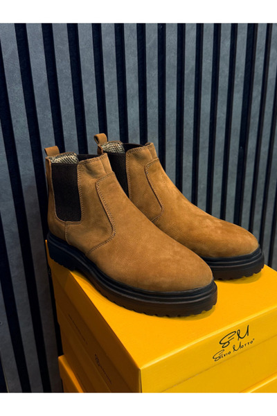 Silvio Motto Erkek Süet Chelsea Bot – Kalın Taban Günlük Deri Bot Taba