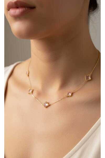 staınless steel Pembe Taşlı Yonca Çelik Kolye