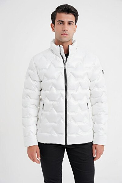 Efor Slim Fit Hakim Yaka Yan Cepli Kaz Tüyü Beyaz Şişme Mont MT 175