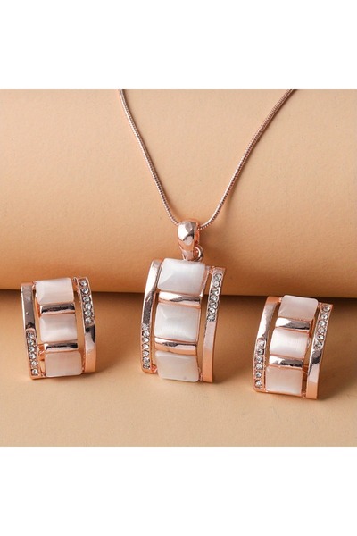 Choice YF4249-1 Ladies Rectangular Opal Necklace Earrings Jewelry Set Rhinest...