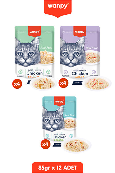 Wanpy 12li Kedi Ödülü 3 Çeşit Tavuklu & Morina & Yengeçli & Deniz Taraklı Yaş...
