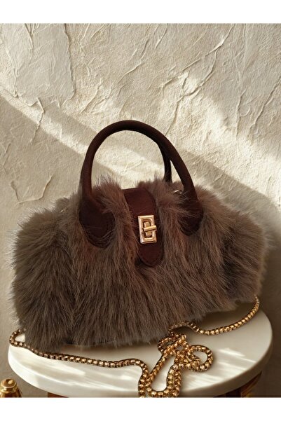 NO BRAND Peluş Kürk Mini El ve Kol Çantası KAHVERENGİ