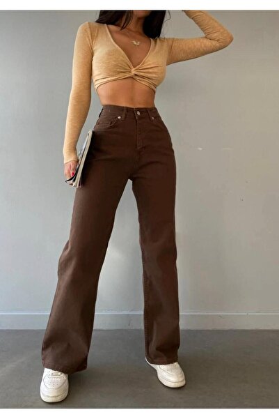 ON KLEEM Kahverengi Kot Palazzo Kadın Bol Paça