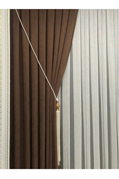 CY HOME Kahverengi Fon Perde 1/3 Sık Pile Toplu Braçol Bağlama İpi Hediye (TE...