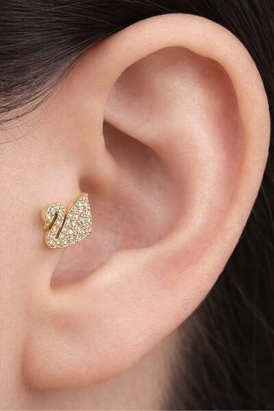 TAKIŞTIR Altın Renk Kuğu Figürlü Taş Detaylı Cerrahi Çelik Tragus/Kıkırdak Kü...