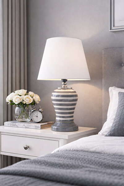 ferayhome Abajur Aydınlatma Şah Gri Zebra Beyaz Şapka GÜMÜŞ - Feray Home