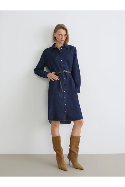 LC Waikiki Lcwaikiki Classic Indigo Belted Jean Shirt Dress