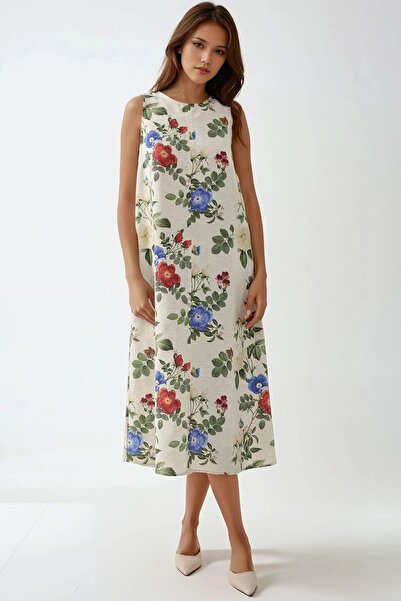 Hiccup Rochie midi cu guler rotund, fără mâneci, cu aspect de in