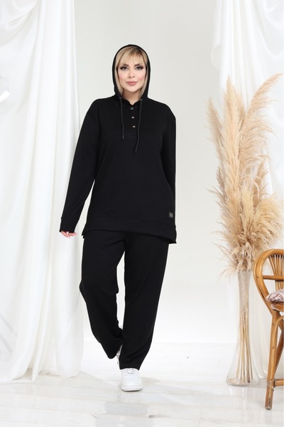 BİrHoşButik Plus Size Full Stretch Fabric Lace-Up Hooded Sleeve Piped Trend E...