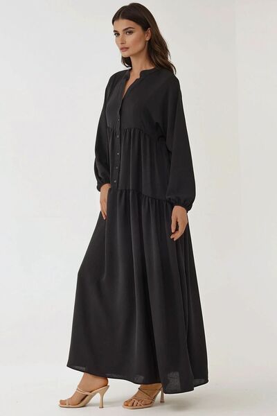Hiccup Button Detailed Textured Long Sleeve V Neck Modest Dress