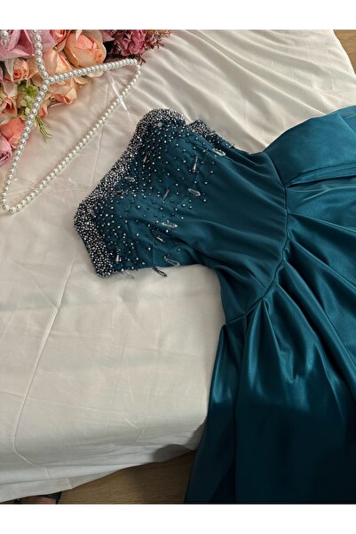 SKY dresses فستان بترولي دبل كلوش صدريه تطريز