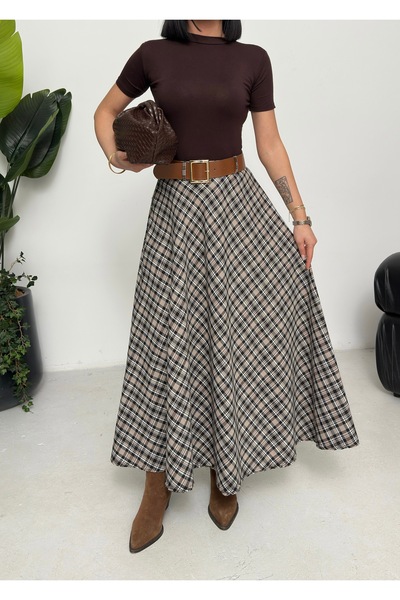 moda paketi Ekose Desenli Yüksek Bel Uzun Etek – Günlük ve Tesettüre Uygun Ra...