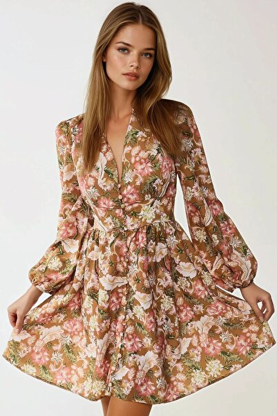 Hiccup Міні-сукня з квітковим візерунком, V-подібним вирізом і ґудзиками спереду