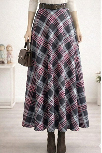 Hb Harma Time Butik Women's Pink Plaid Patterned Skirt