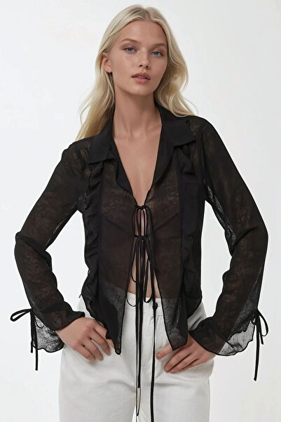 Hiccup Μακρυμάνικο μπλουζάκι με λαιμόκοψη V με λεπτομέρεια βολάν από τούλι