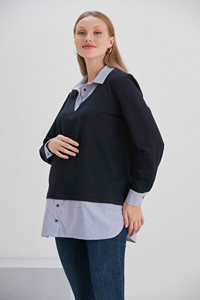 Entarim Pregnant Shirt Collar Knitted Striped Tunic