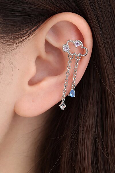 TAKIŞTIR Gümüş Renk Bulut Figürlü Taş Detaylı Cerrahi Çelik Tragus/Kıkırdak K...